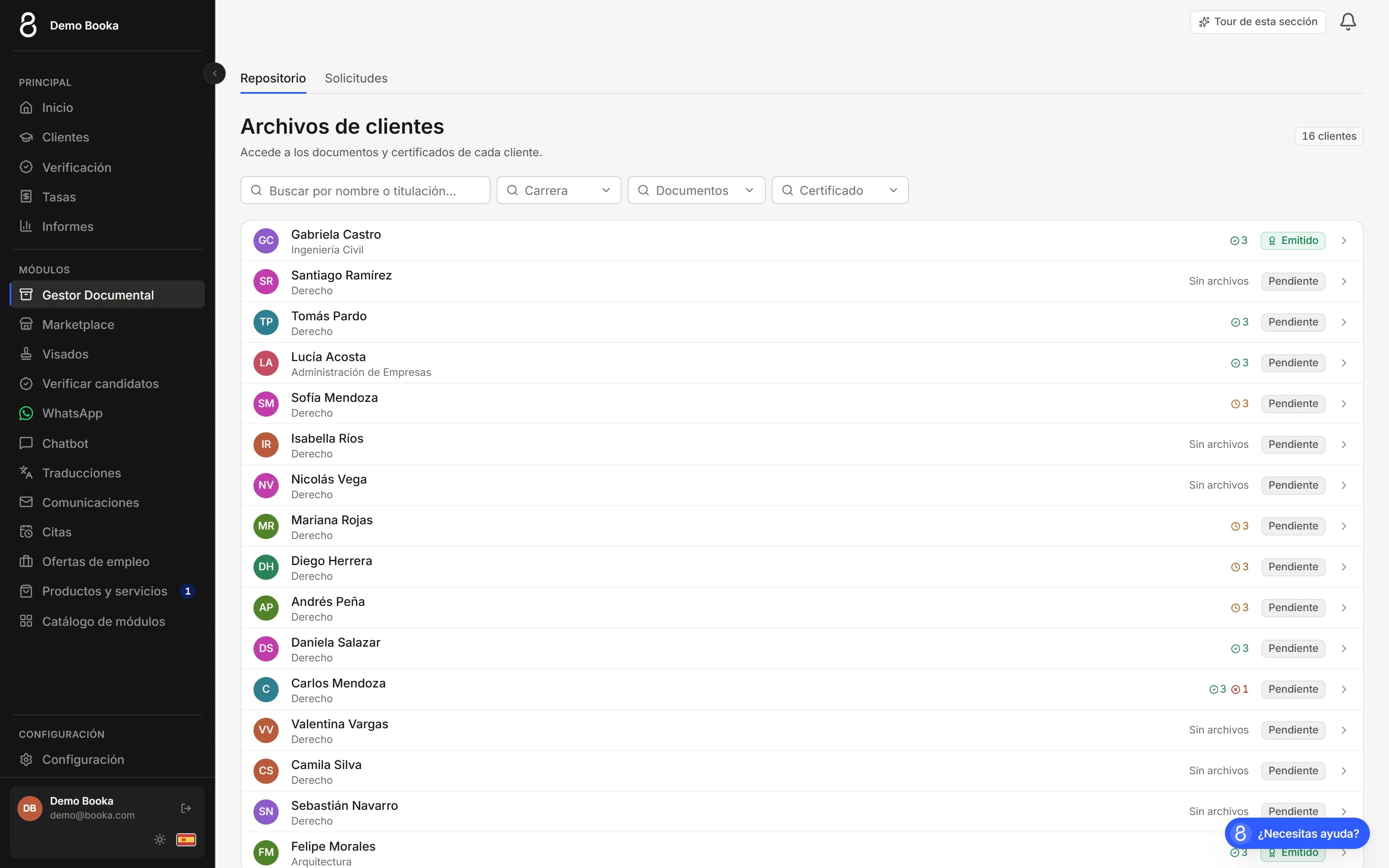 Gestor documental de Booka — archivos y certificados de cada cliente en un solo repositorio