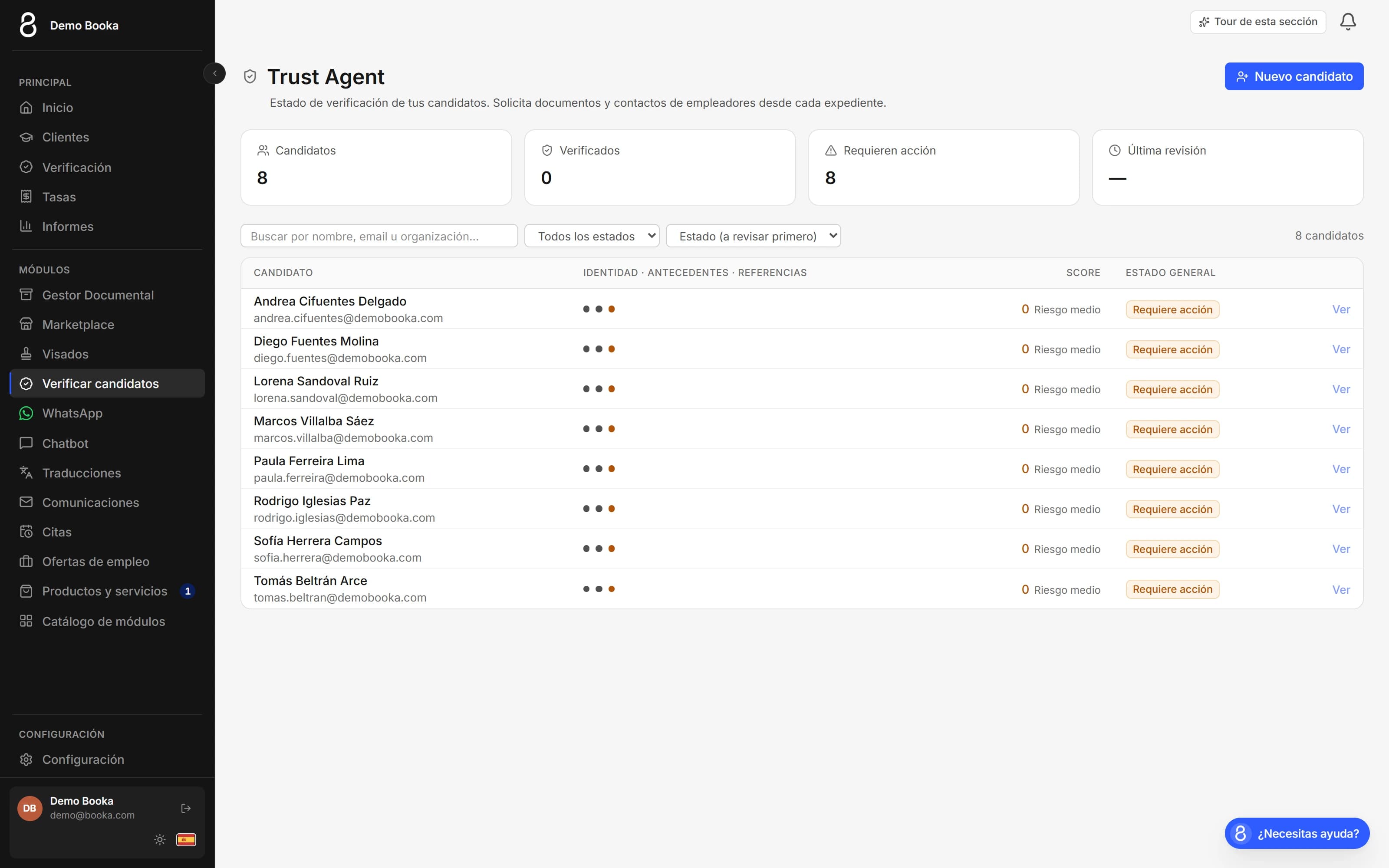 Trust Agent en Booka — candidatos con nivel de riesgo y estado de verificación