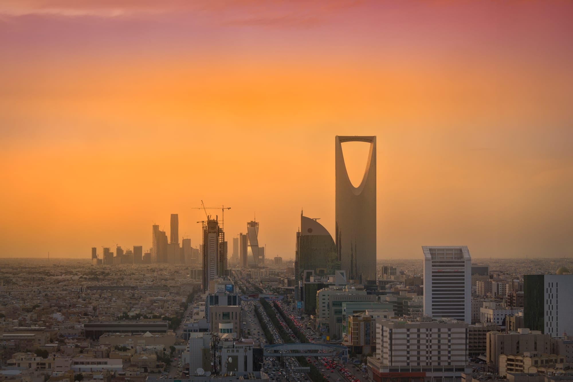 Riyadh skyline with the King Abdullah Financial District and the Kingdom Tower