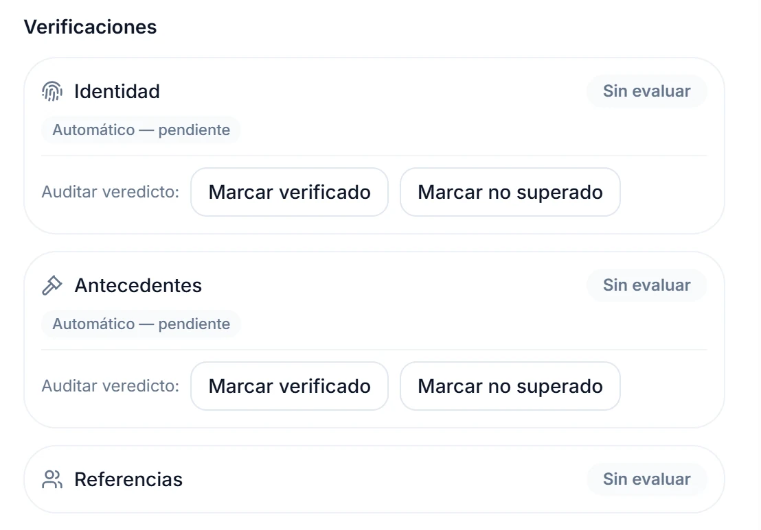 Trust Agent de Booka — identidad, antecedentes y referencias, cada una con su veredicto por auditar